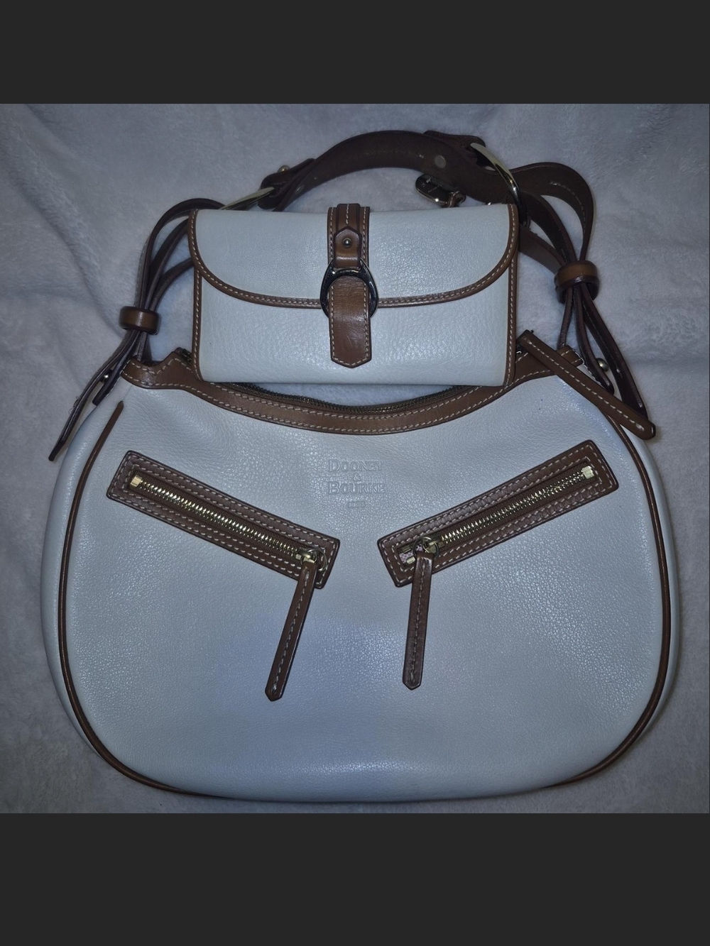 Dooney & Bourke White and Brown Leather Shoulder Bag - Picture 1 of 7